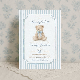 Invitación Chico de oso de peluche de rayas azules Baby Showe