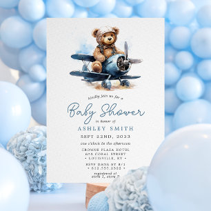 Invitación Chico de oso de peluche en avión para baby shower
