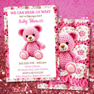Invitación Chico de oso de peluche rosa crochet para baby sho