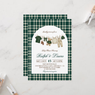Invitación Chico de oso de peluche verde a cuadros Baby Showe
