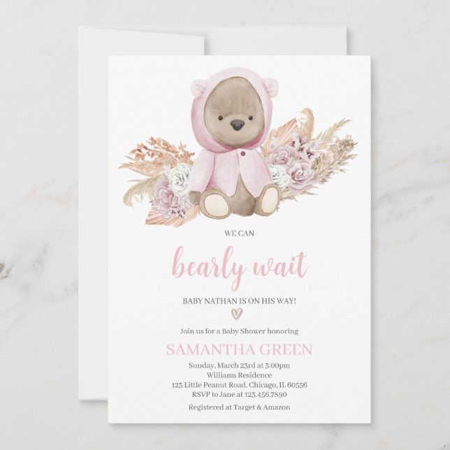 Invitación Chico de oso rosa Baby Shower  (Anverso)