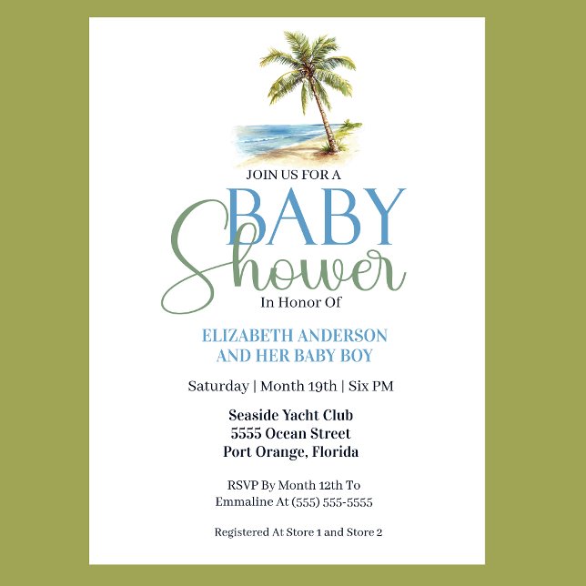 Invitación Chico de palmera de playa Baby Shower (Tropical beach baby shower invitation with watercolor palm tree coastal blue and sage green design f)