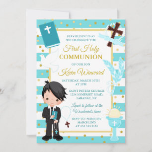 Invitación Chico de pelo negro con raya azul Primera Comunión