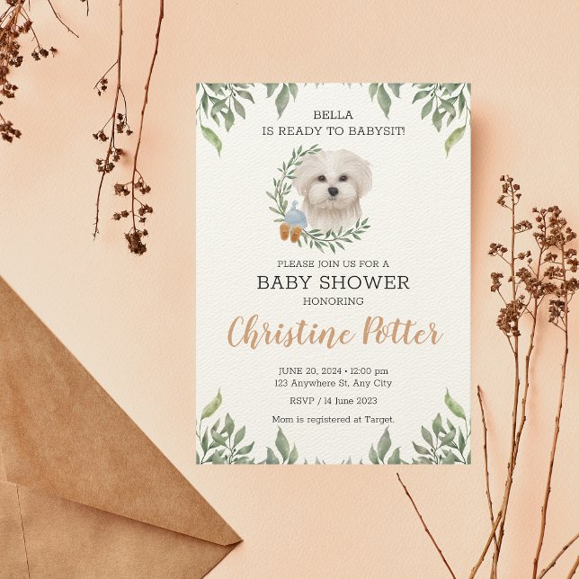Invitación Chico de perro blanco maltés Boho Greenery Baby Sh (Subido por el creador)