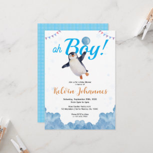 Invitación Chico de pingüino globo azul nube cielo baby showe