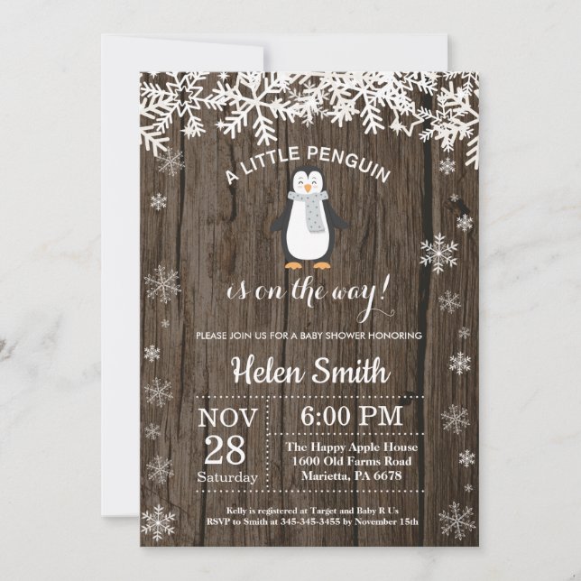 Invitación Chico de pingüino rústico copo de nieve invierno B (Anverso)
