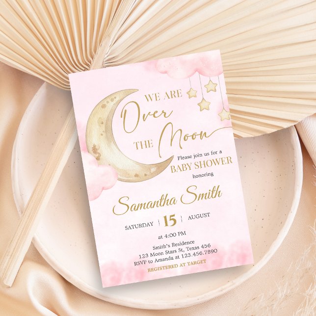 Invitación Chico de Pink sobre la Luna Baby Shower  (Over the Moon Baby Shower Invitation)