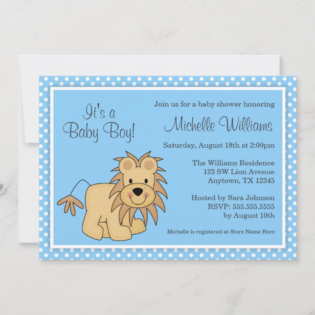 Invitación Chico de polka azul de león blanco Baby Shower (Anverso)