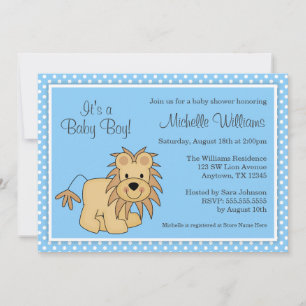 Invitación Chico de polka azul de león blanco Baby Shower