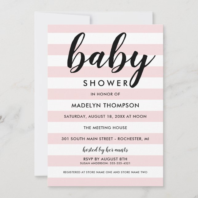 Invitación Chico de raya rosa claro moderna para baby shower  (Anverso)