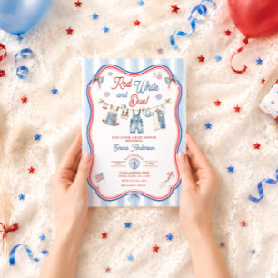 Invitación Chico de rojo, blanco y a tiempo Fiesta de Bebé
