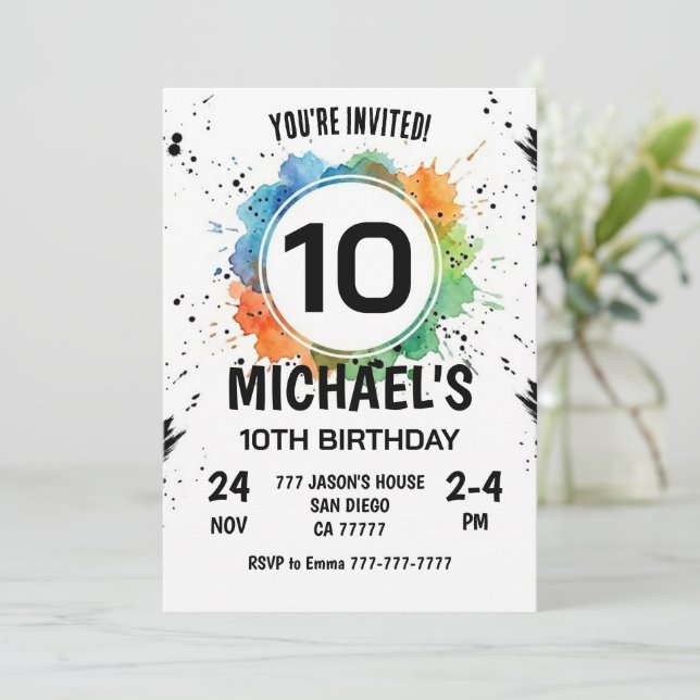 Invitación Chico de Salpicadura de Acuarela Cumpleaños 10 (Anverso de pie)