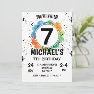 Invitación Chico de Salpicadura de Acuarela Cumpleaños 7