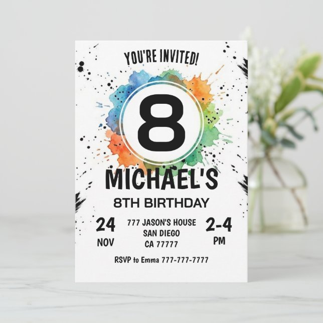 Invitación Chico de salpicadura de acuarela cumpleaños 8 (Anverso de pie)