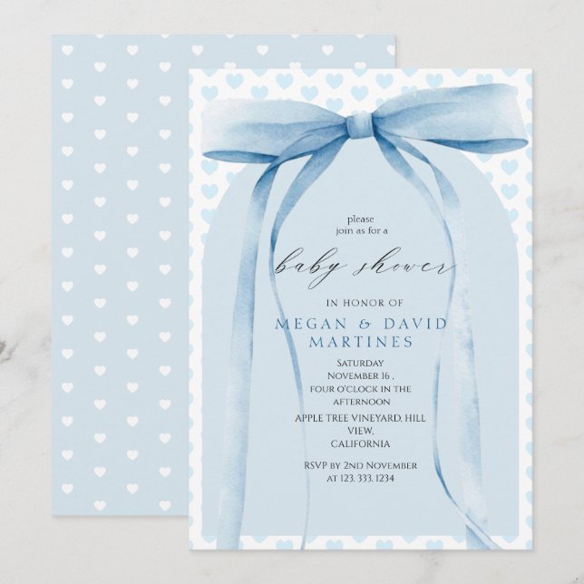 Invitación Chico de Shower de Bebé con Lazo Azul Coquette (Anverso / Reverso)