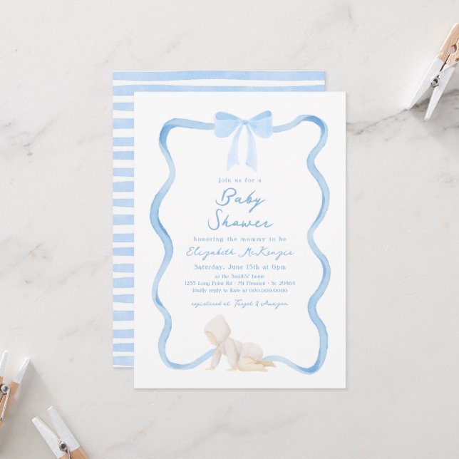 Invitación Chico de Shower de Bebé con Lazo Azul Dibujado a M (Anverso/Reverso In Situ)
