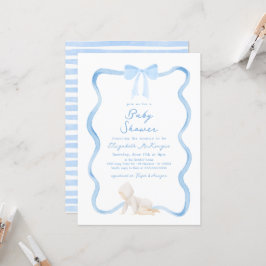 Invitación Chico de Shower de Bebé con Lazo Azul Dibujado a M