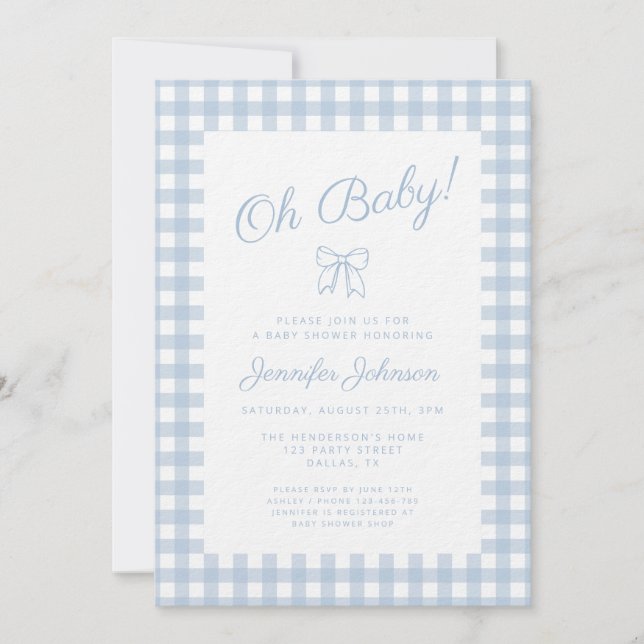 Invitación Chico de Shower de Bebé con Lindo Lazo Azul (Anverso)