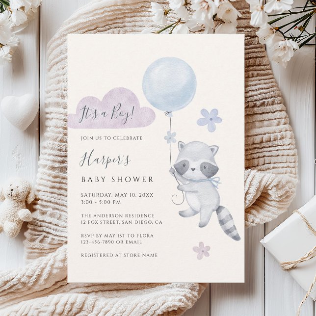 Invitación Chico de shower de bebé con mapache lindo volando  (Subido por el creador)