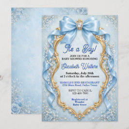 Invitación Chico de Shower de Bebé de Lazo Azul Pastel Elegan