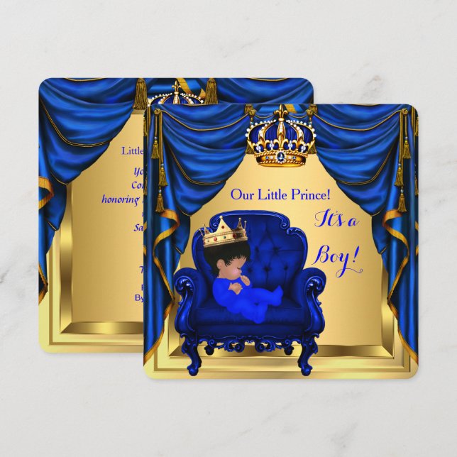 Invitación Chico de Shower de Bebé Principito Azul Real Dorad (Anverso / Reverso)