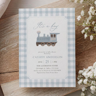 Invitación Chico de Shower de Tren de Cuadros Azules