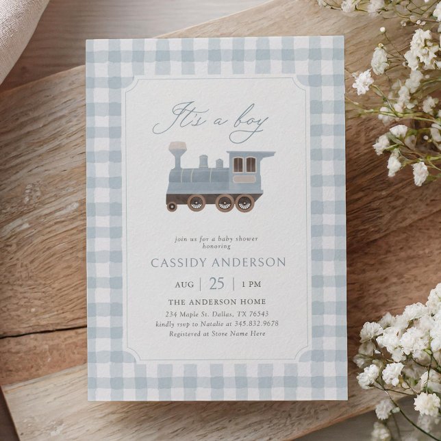 Invitación Chico de Shower de Tren de Cuadros Azules (Subido por el creador)