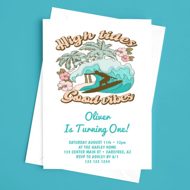 Invitación Chico de tabla de surf en la playa tropical cumple (Subido por el creador)