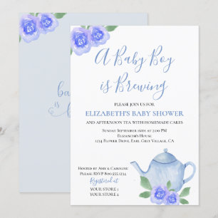Invitación Chico de Tetera Azul Baby Shower está en camino