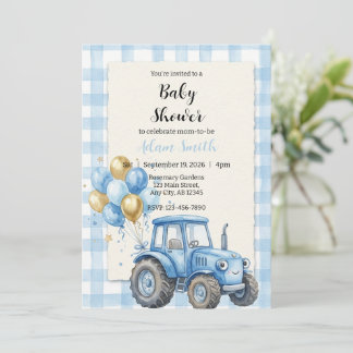 Invitación Chico de Tractor de Granja Azul Baby Shower