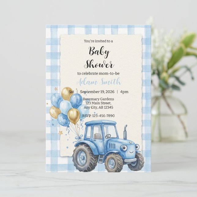 Invitación Chico de Tractor de Granja Azul Baby Shower (Anverso de pie)