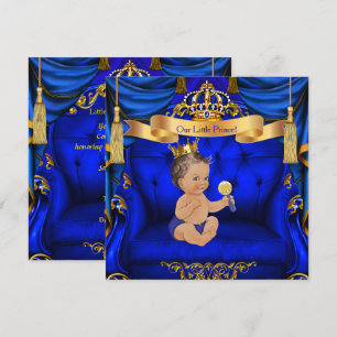 Invitación Chico ducha Baby Príncipe Azul Real Oro Moreno