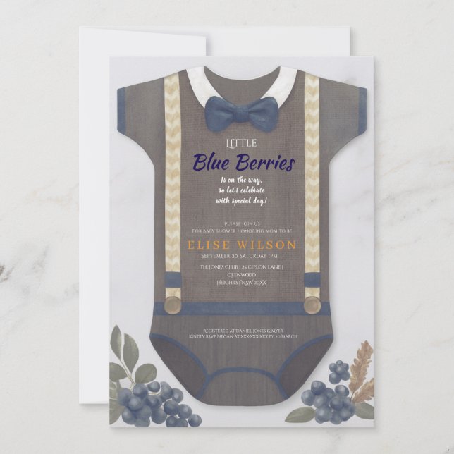 Invitación Chico ducha de bebé autum otoño azul burlap bodysu (Anverso)