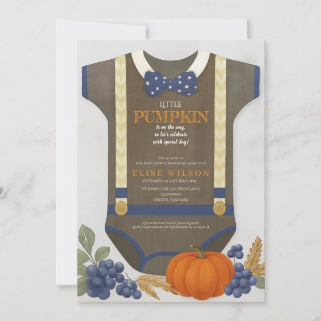 Invitación Chico ducha de bebé autum otoño azul burlap bodysu (Anverso)