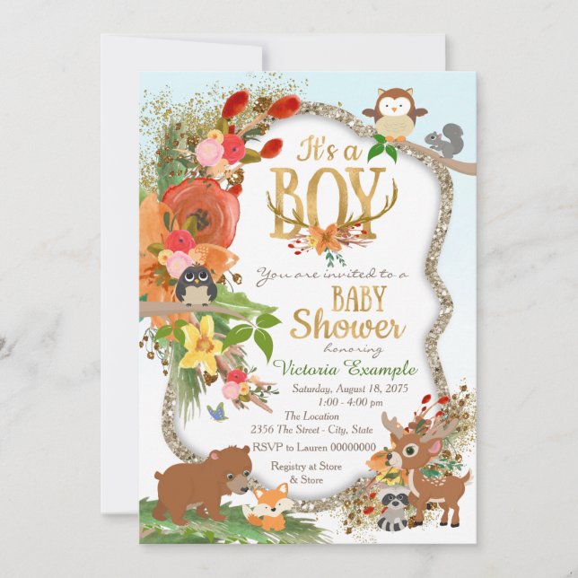Invitación Chico Ducha De Bebe Bosque De Ciervo (Anverso)