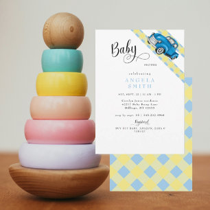 Invitación Chico Ducha De Bebe Camión Retro Amarillo Azul Gin