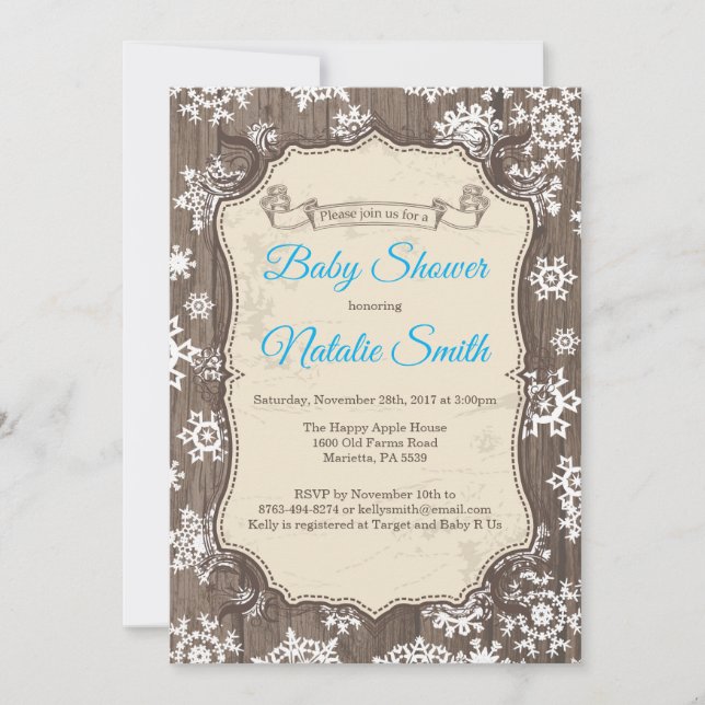 Invitación Chico Ducha de Bebe Copo de Nieve de Invierno Rúst (Anverso)