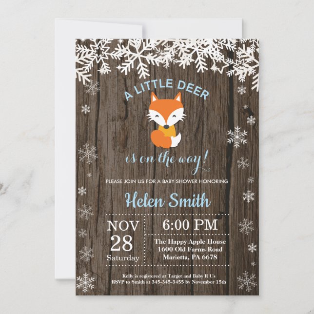 Invitación Chico Ducha de Bebé de Zorro Rústico de Invierno (Anverso)
