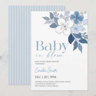Invitación Chico ducha de bebé floral azul elegante