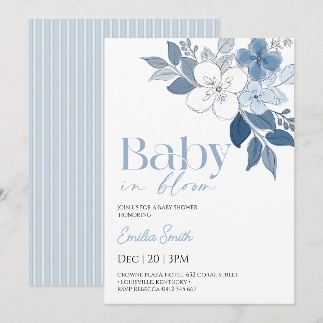 Invitación Chico ducha de bebé floral azul elegante (Anverso / Reverso)
