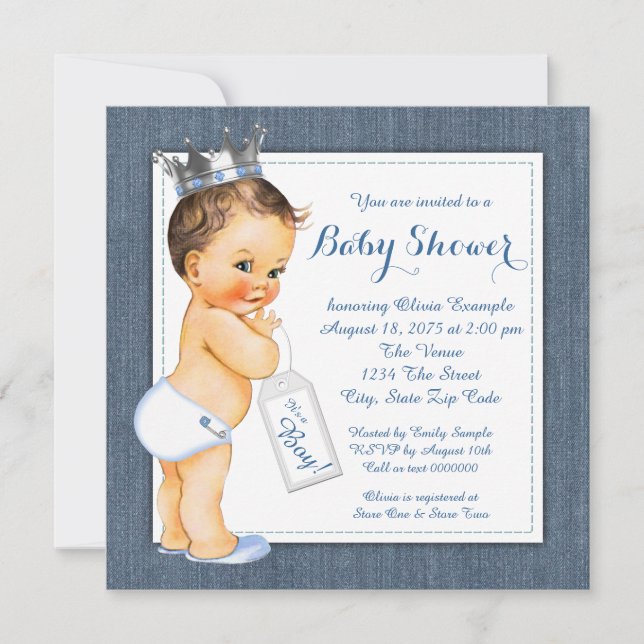 Invitación Chico Ducha de Bebé Mezclilla Azul (Anverso)