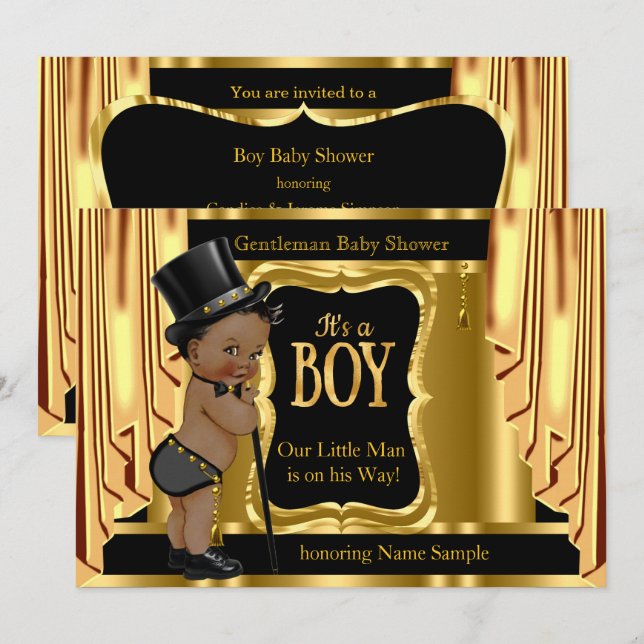 Invitación Chico Ducha de Bebe Negro Drapes étnicos de oro (Anverso / Reverso)