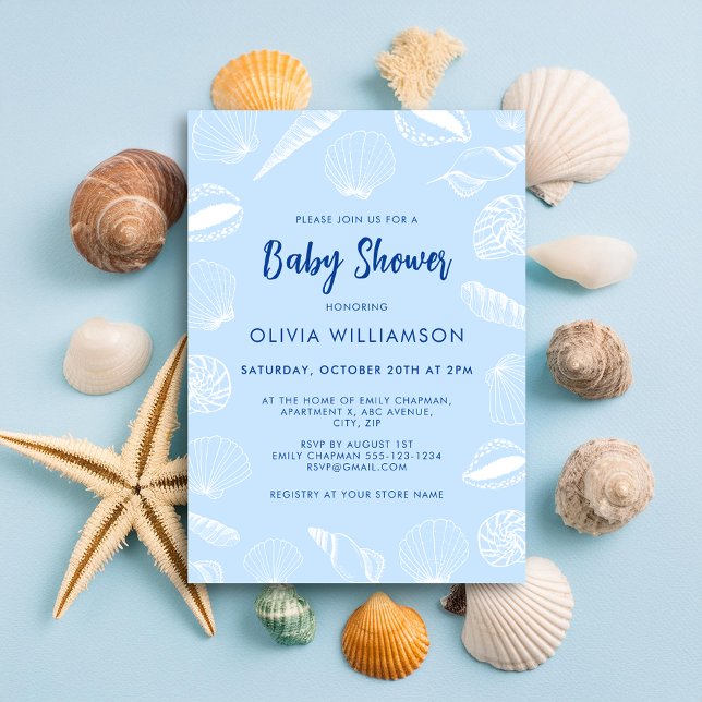 Invitación Chico Ducha de Bebé Océano Playa Conchas (Baby blue seashell baby shower invitation for beach ocean nautical theme mom to be celebrations)