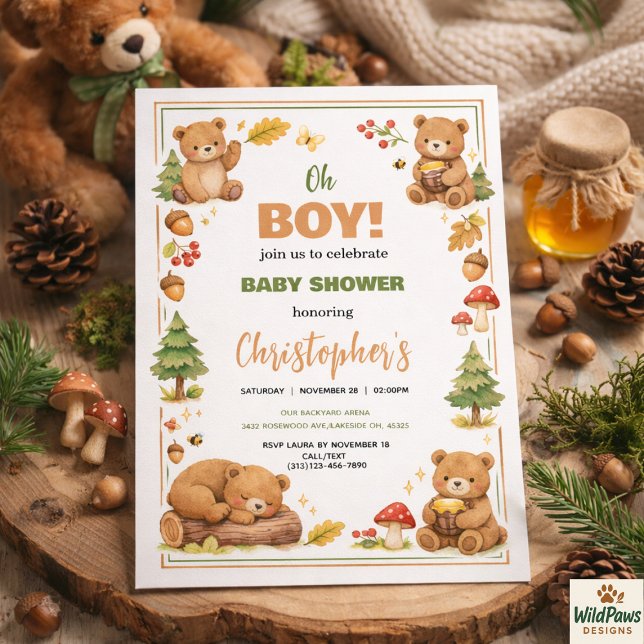 Invitación Chico Ducha de Bebé Oso de Madera Acuarela (Oh Boy Watercolor Woodland Bear Baby Shower Invitation
)