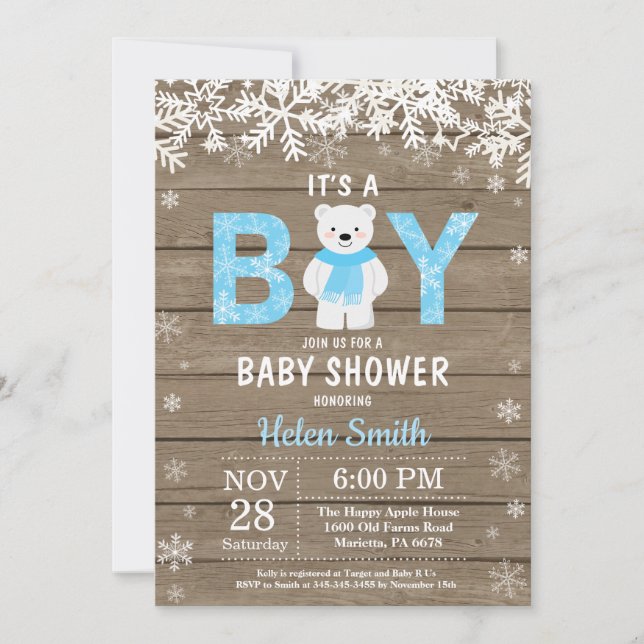Invitación Chico Ducha de Bebé Oso Polar Rústico de Invierno (Anverso)