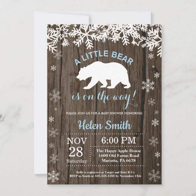 Invitación Chico Ducha de Bebé Oso Polar Rústico de Invierno (Anverso)