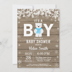 Invitación Chico Ducha de Bebé Oso Polar Rústico Invierno