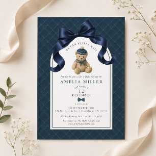 Invitación Chico Ducha de Bebé Plaid Pajarita Oso Teddy Polo