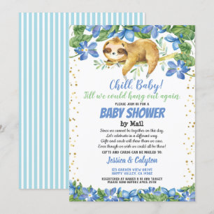 Invitación Chico ducha de bebé por correo flor azul perezosa