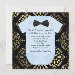 Invitación Chico Duende Baño de Oro Negro y Damasco Azul